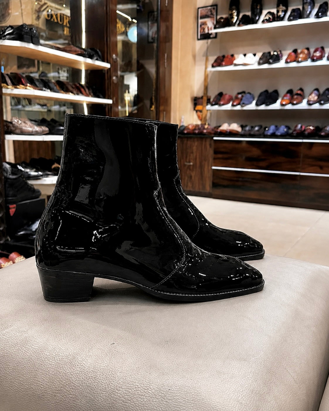 High-top Black Patent Leather Boots With Cuban Heel