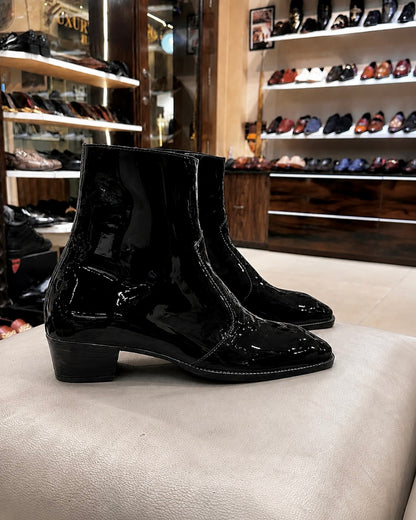 High-top Black Patent Leather Boots With Cuban Heel