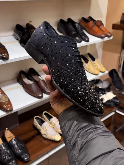 Black N Gold Embroidery Black Suede Oxfords