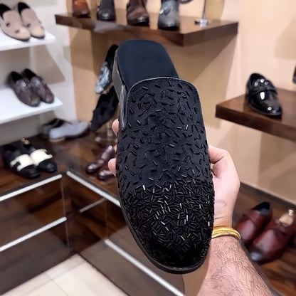 Black Suede Embroidery Mules