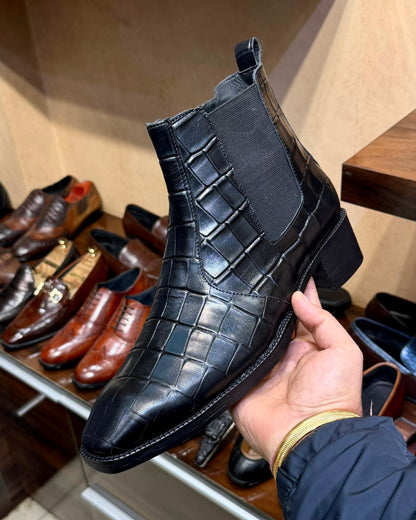 Black Deep-cut Crocodile Scaled Chelsea Boots with Zip
