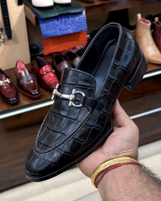 Black Deep-cut Croco Italian Cut Horsebit Loafers