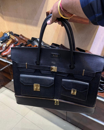 Black Full Grain Leather Travel Bag With Bottom Shoe Compartment