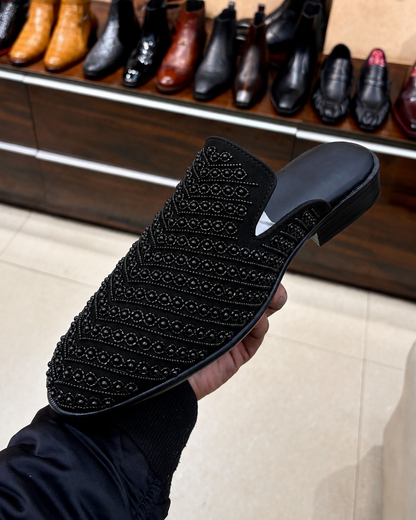 Black Suede Hand-embroidered Mules