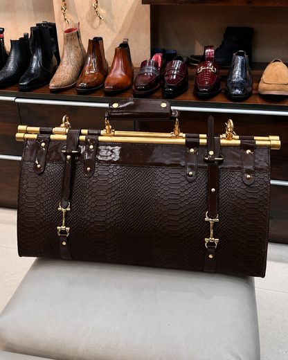 Dark Brown Cobra Scaled Duffle Bag with Gold Pipe