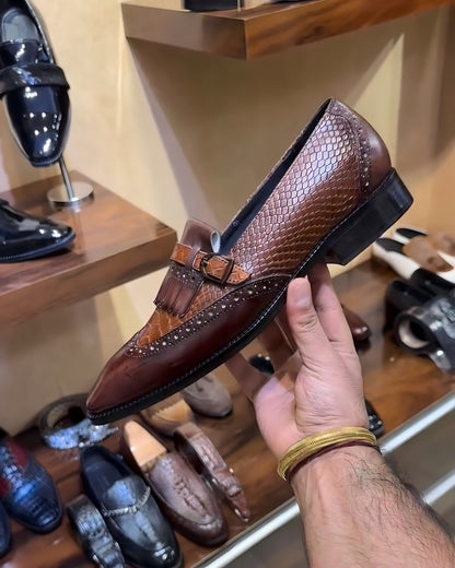 Dual-tone Brown Patina Fringes Moccasins