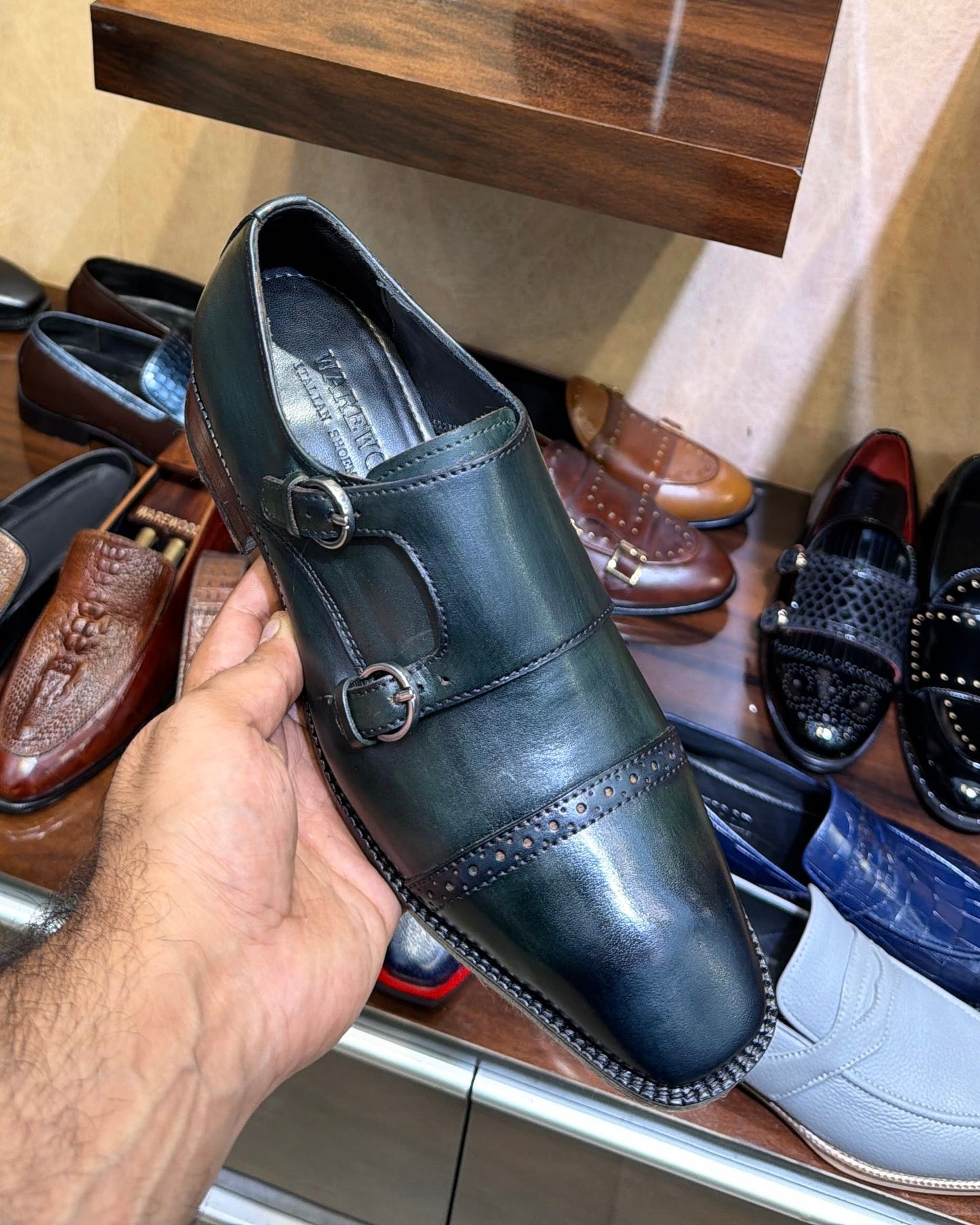 Hand-dyed Teal Green Double Monk Strap Shoes