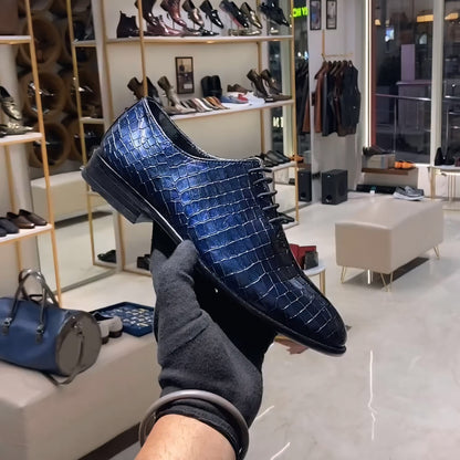 Midnight Blue Crocodile Scaled Leather Oxfords