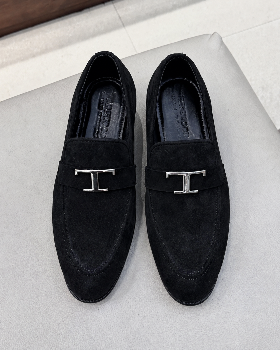 Black Suede Loafers With Silver T Buckle