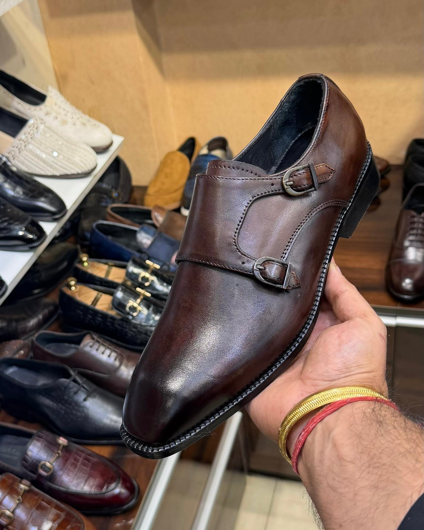 Burnished Vintage Brown Double Monk Strap Shoes