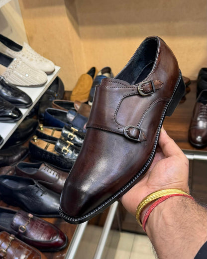 Burnished Vintage Brown Double Monk Strap Shoes