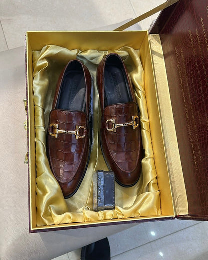 Classic Brown Croco Scaled Moccasins with Gold Buckle