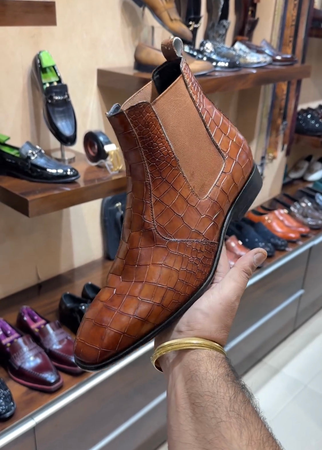 Tan Patina Croc Scaled Chelsea Boots