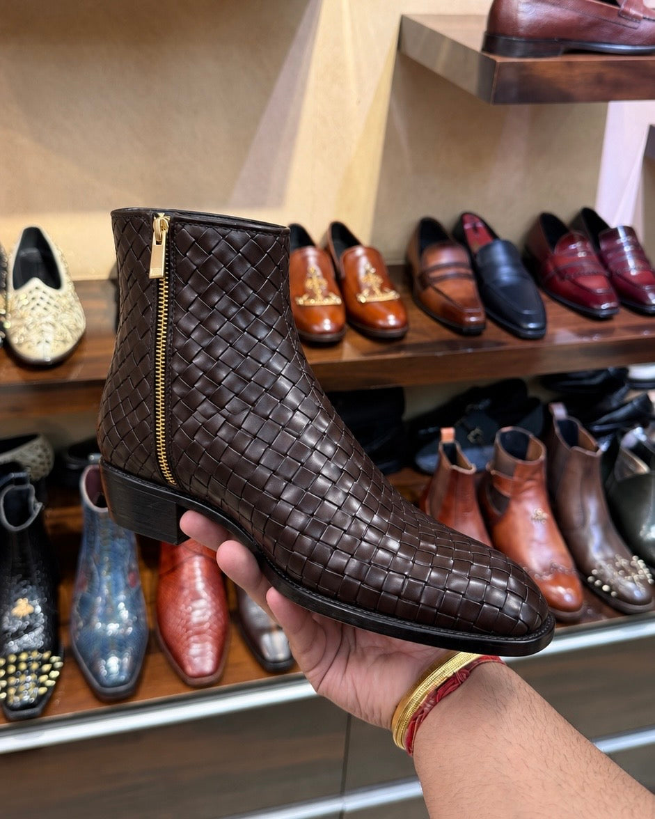 Dark Brown Hand-woven Leather Zip Boots With Cuban Heel