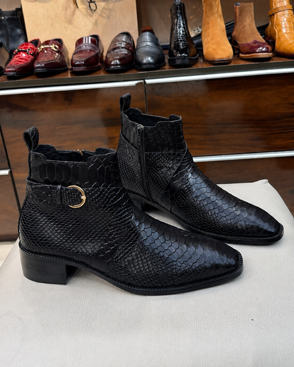 Black Cobra Scaled Zip Boots With 1.5 Inch Heel