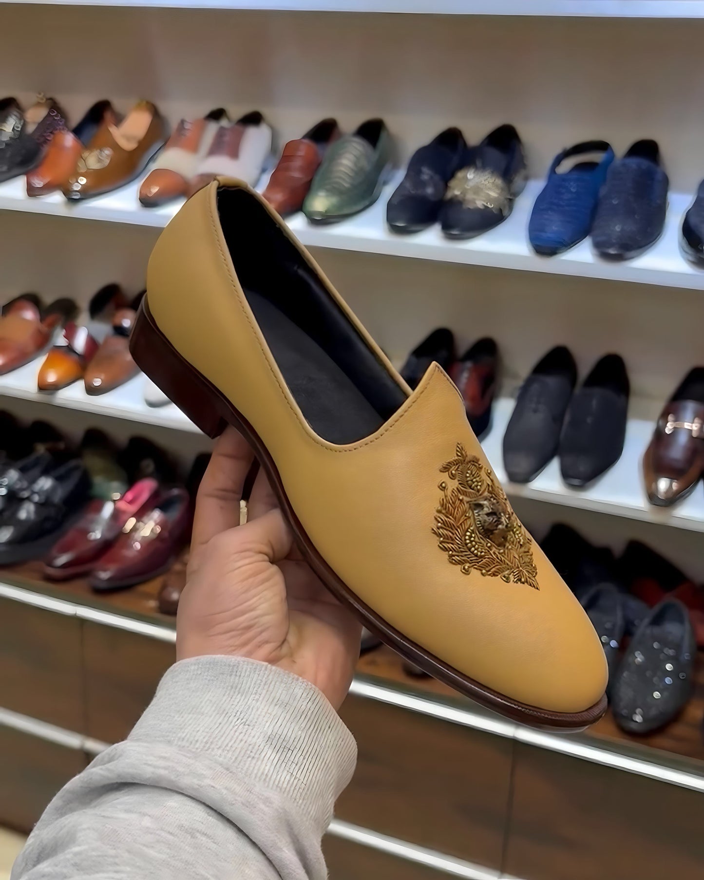 Beige Goat Leather Embroidery Mojaris with Brown Sole