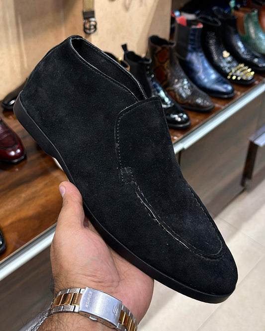 Black Suede Moc Toe Slip-on Boots with Rubber Sole