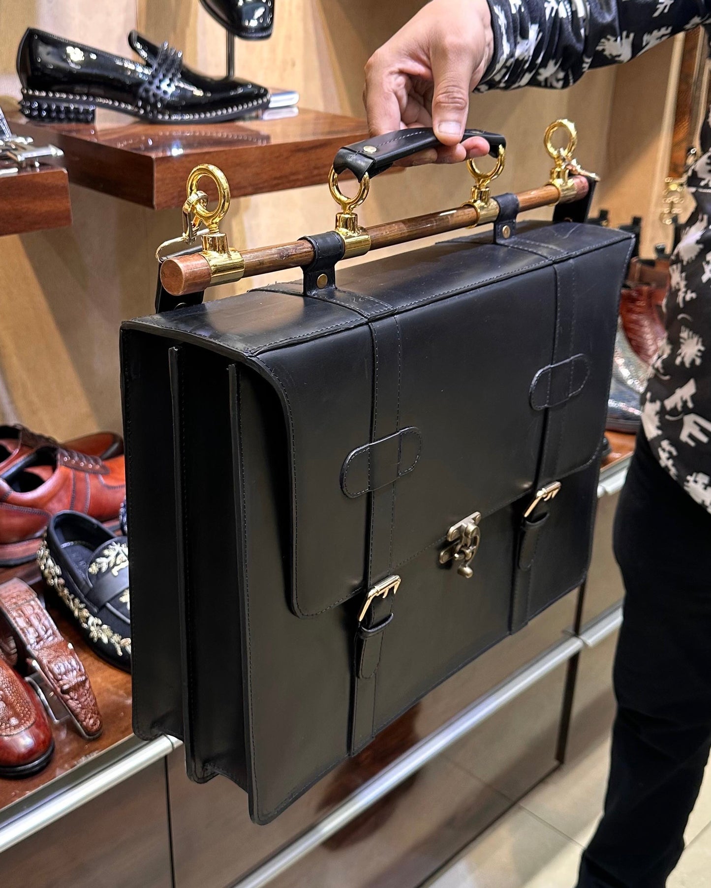 Signature Black Laptop Bag with Brass Fittings