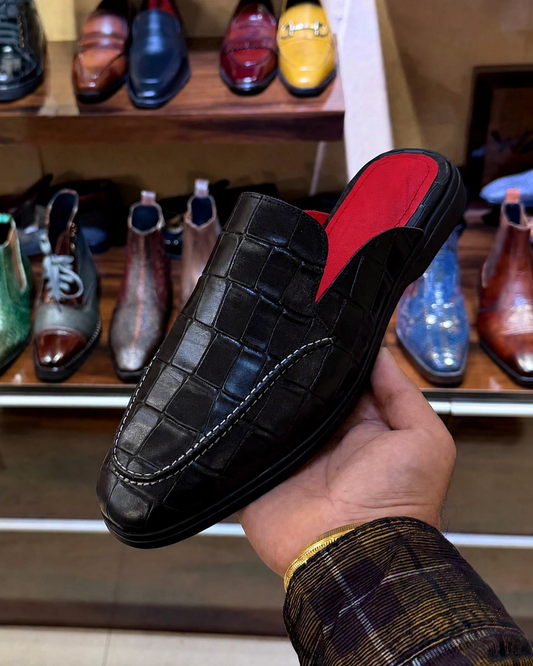 Black Deep-cut Crocodile Scaled Mules with Red Footbed
