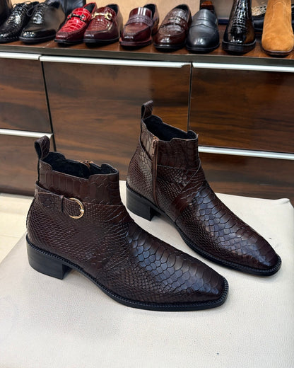 Dark Brown Cobra Scaled Zip Boots With 1.5 Inch Heel