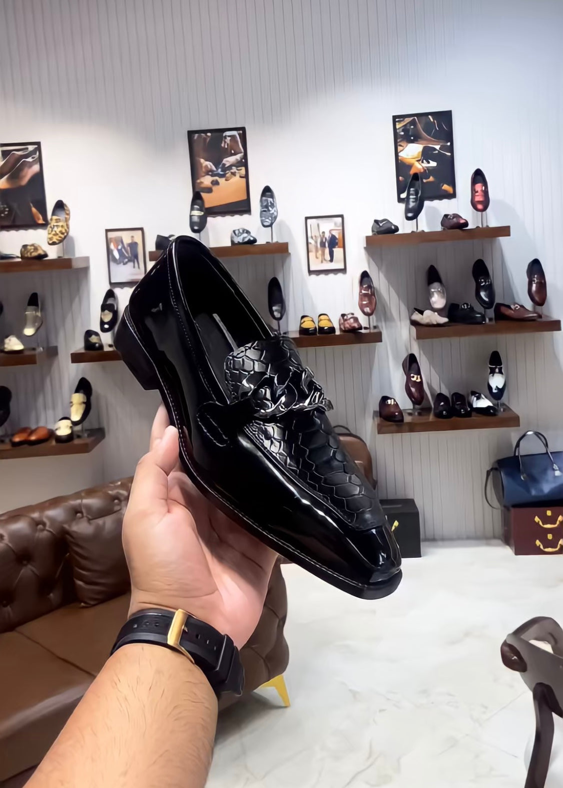 Black Patent Cobra Scaled Spectator Loafers with Chain Buckle