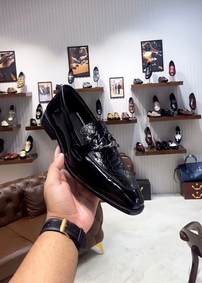 Black Patent Cobra Scaled Spectator Loafers with Chain Buckle