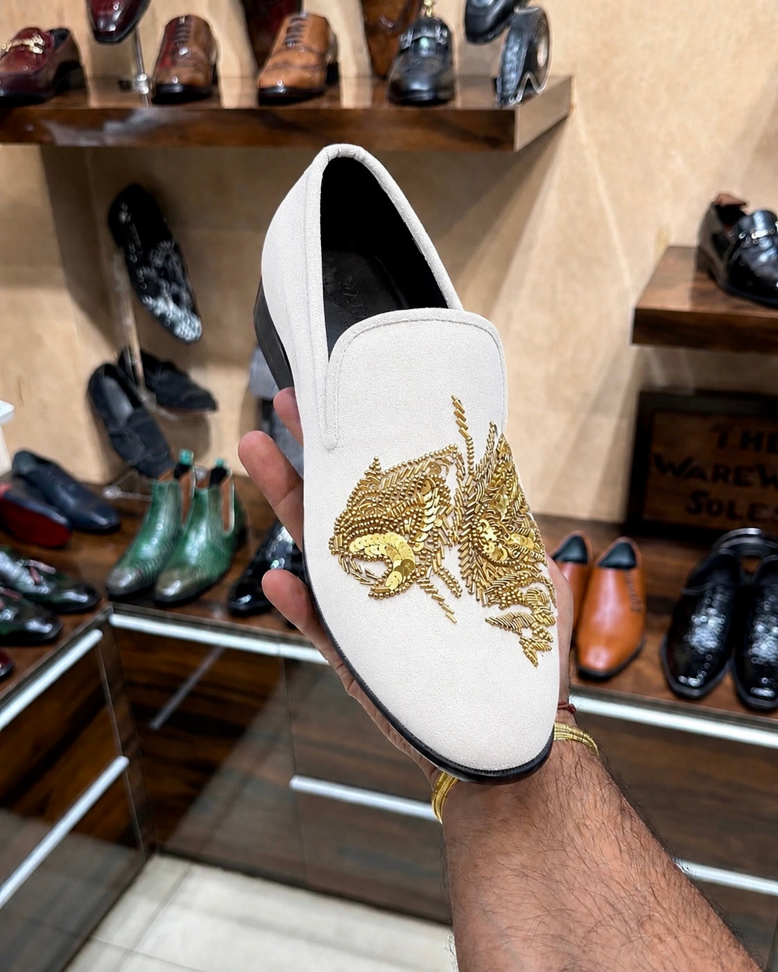 White Suede Gold Tiger Hand-embroidered Loafers