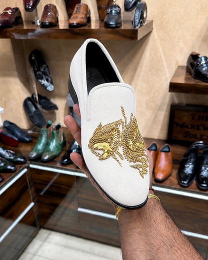 White Suede Gold Tiger Hand-embroidered Loafers