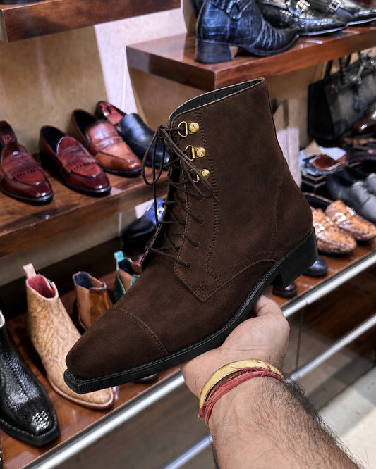 Goodyear Welted Dark Brown Suede Derby Cap Toe Boots