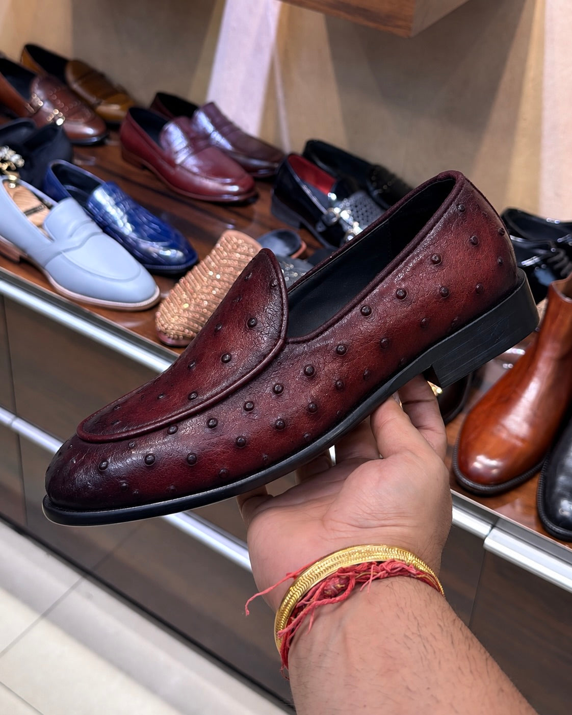 Burnished Burgundy Real Ostrich Skin Belgian Loafers