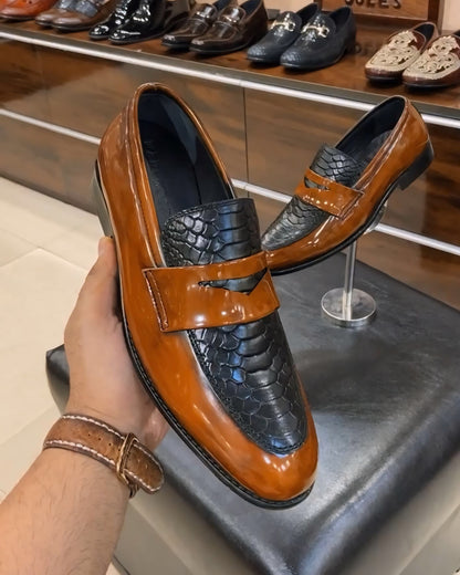 Tan Patina Cobra Scaled Spectator Moccasins