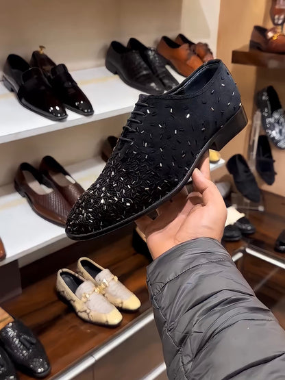 Black N Gold Embroidery Black Suede Oxfords