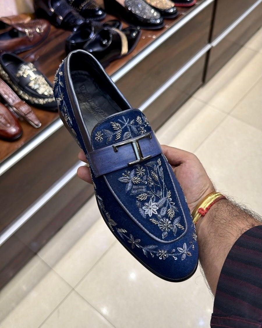 Blue Suede Silver T-Bit Hand-embroidered Loafers