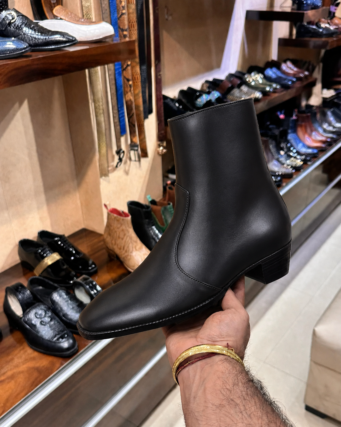 High-top Black Calfskin Leather Boots With Cuban Heel