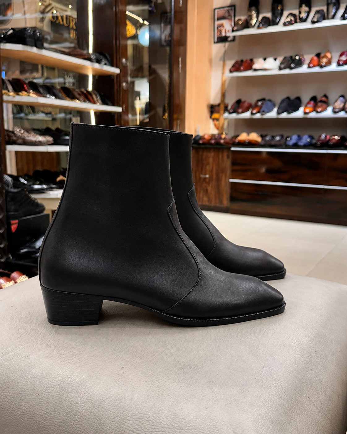 High-top Black Calfskin Leather Boots With Cuban Heel