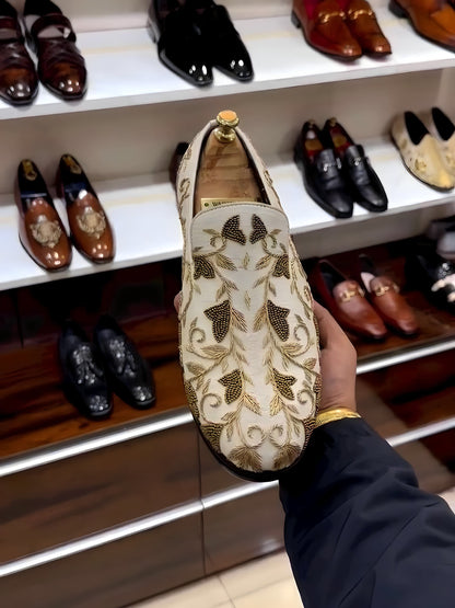 Off-white Raw Silk Hand-embroidered Slip-ons