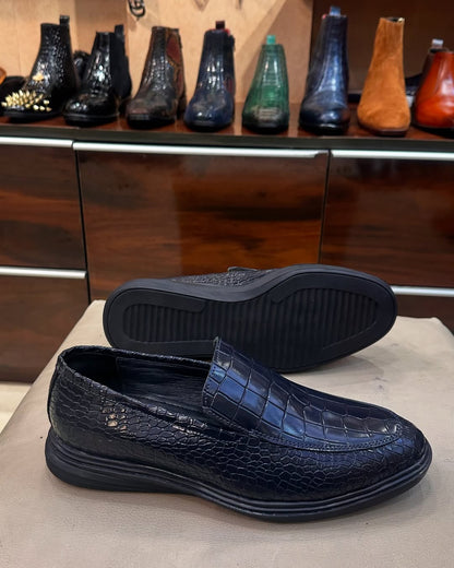 Navy Crocodile Scaled Eva Sole Loafers