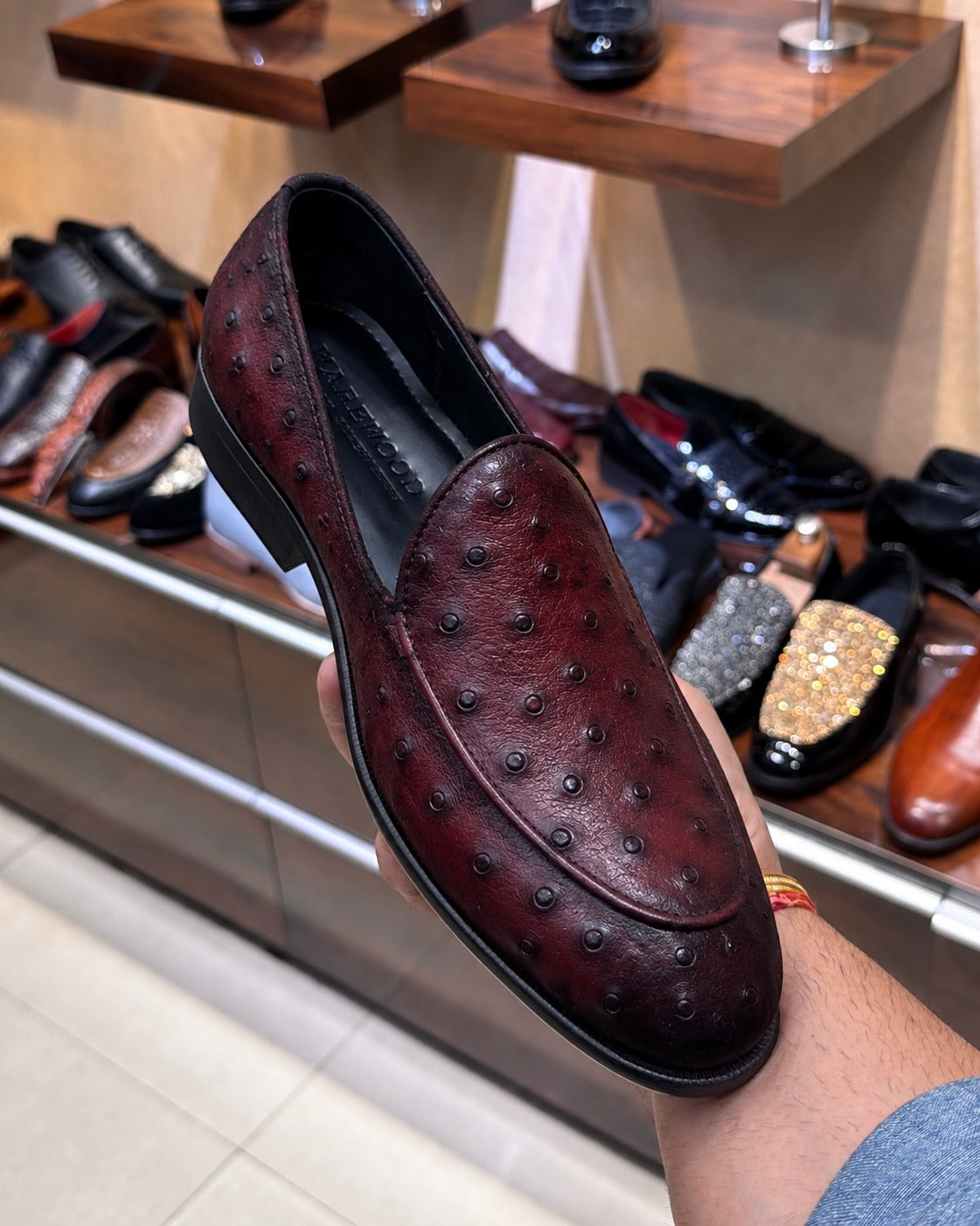 Burnished Burgundy Real Ostrich Skin Belgian Loafers