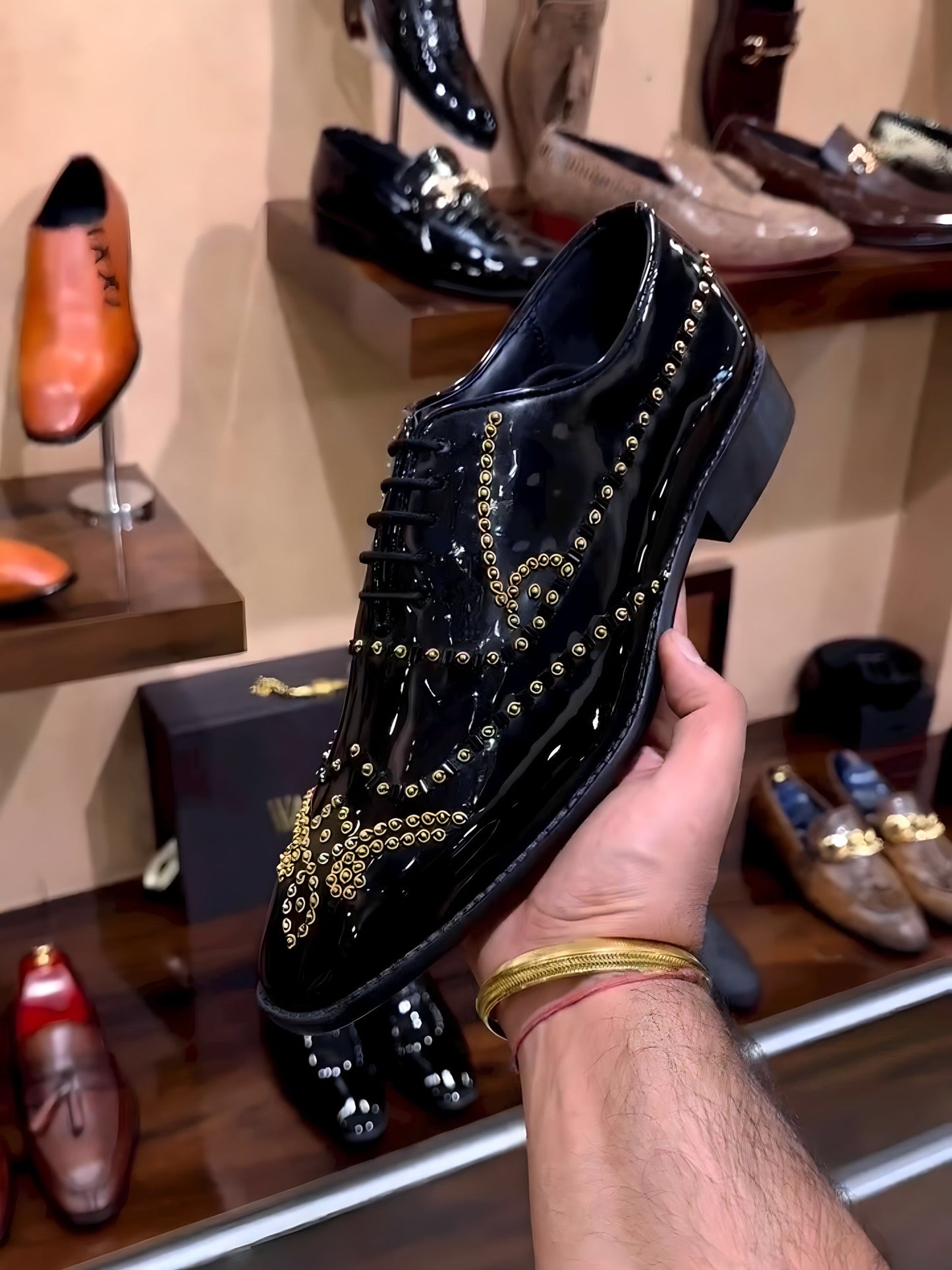 Black Patent Gold Embroidery Oxfords