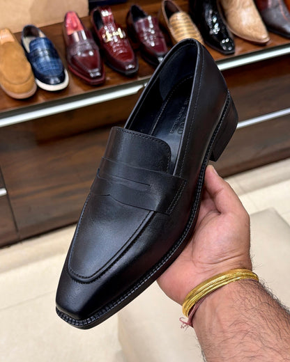 Black Calfskin Leather Penny Loafers