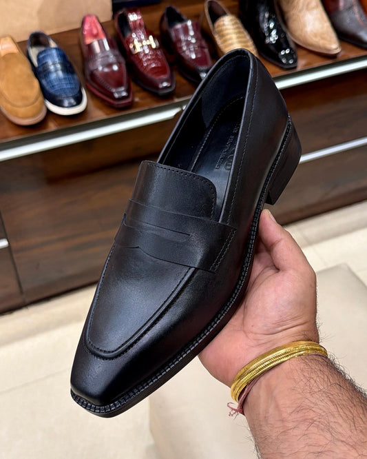 Black Calfskin Leather Penny Loafers