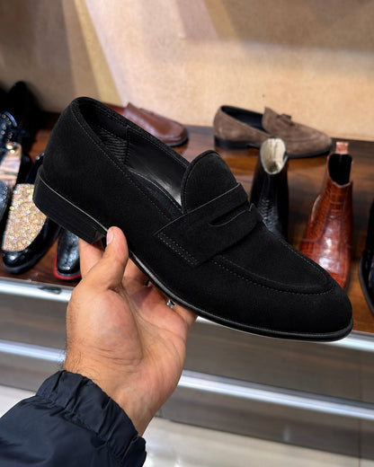 Classic Black Suede Penny Loafers