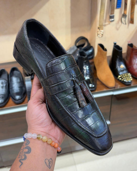 Forest Green Patina Crocodile Leather Tassel Loafers