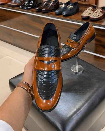 Tan Patina Cobra Scaled Spectator Moccasins
