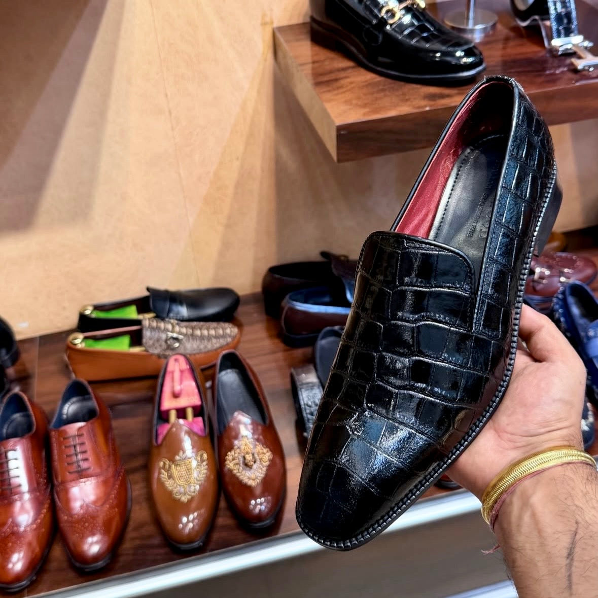 Black Smooth Calf Crocodile Venetian Loafers with Red Lining