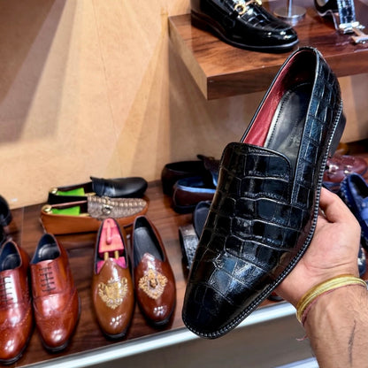 Black Smooth Calf Crocodile Venetian Loafers with Red Lining