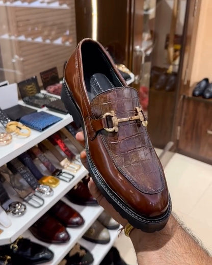 Walnut Brown Crocodile Scaled Boot Sole Moccasins