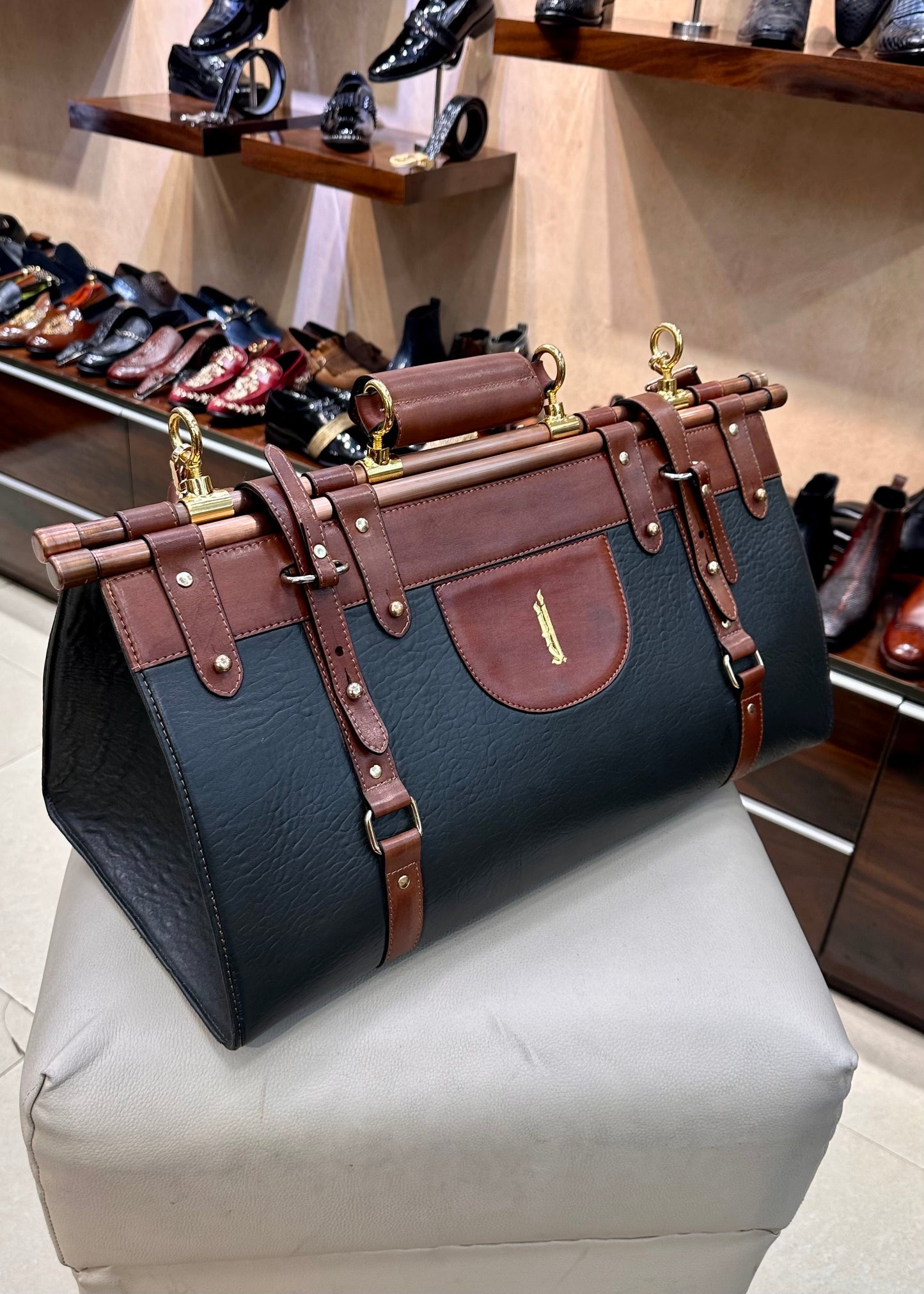Custom Handmade Two-tone Italian Leather Duffel Bag