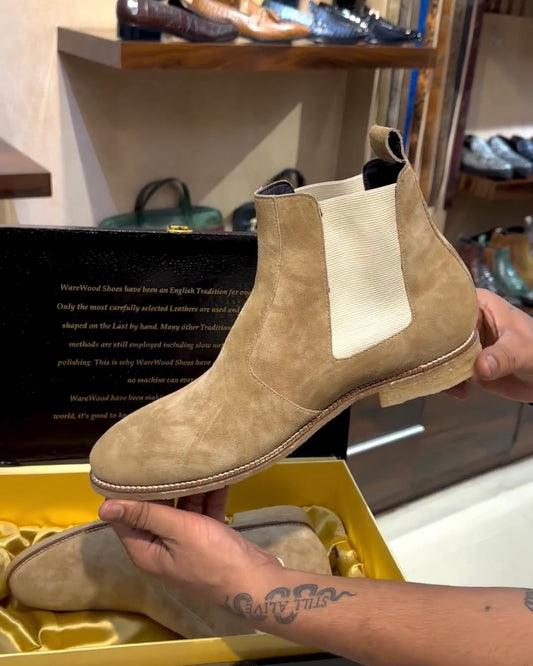 Natural Brushed Beige Suede Chelsea Boots with Wood Sole