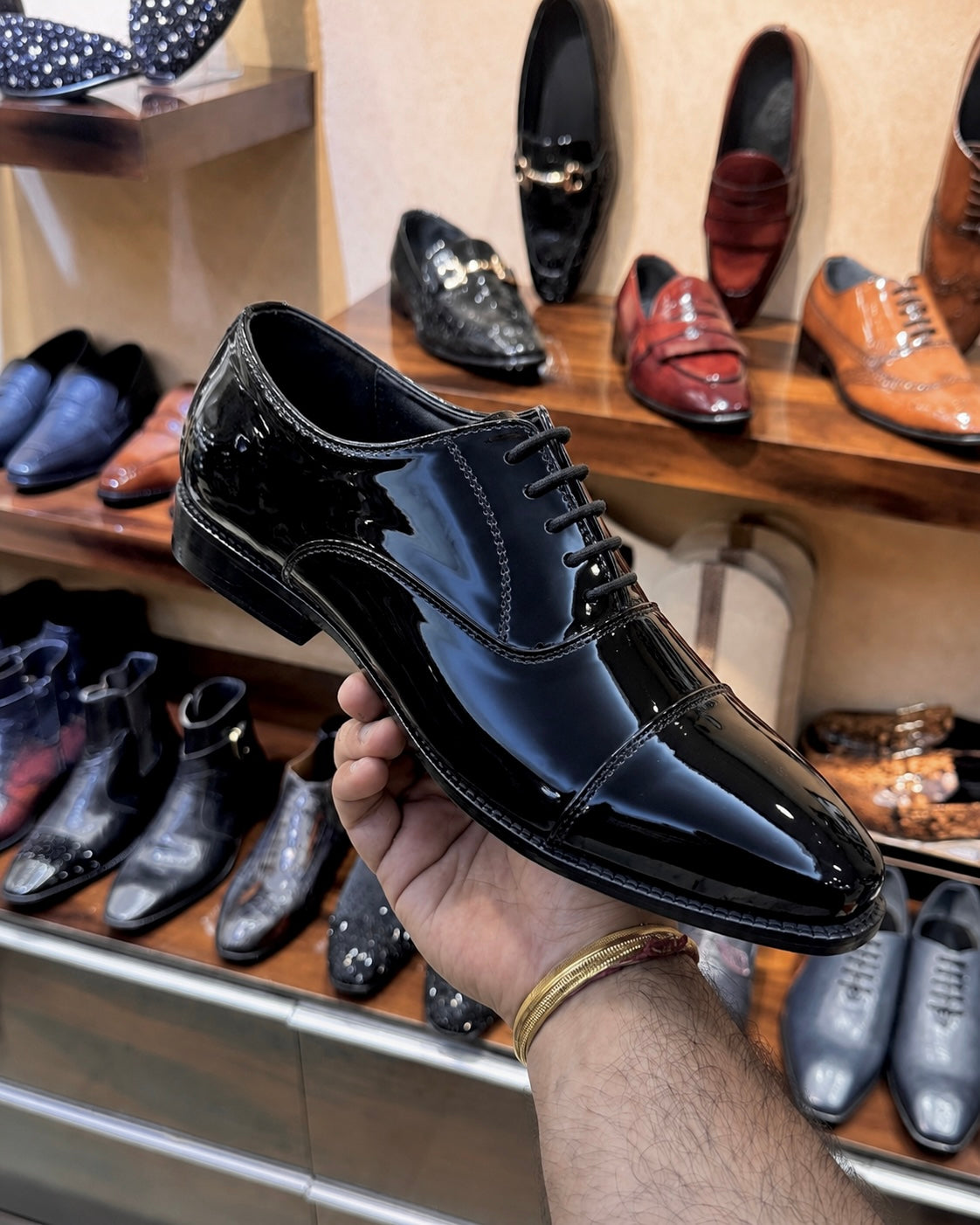 All Black Patent Leather Cap Toe Oxfords